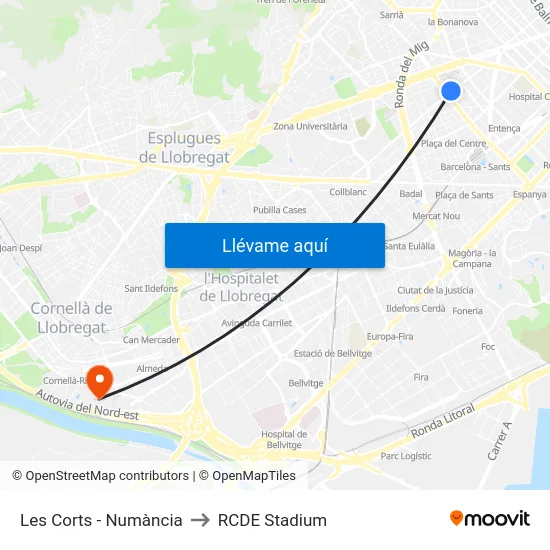 Les Corts - Numància to RCDE Stadium map