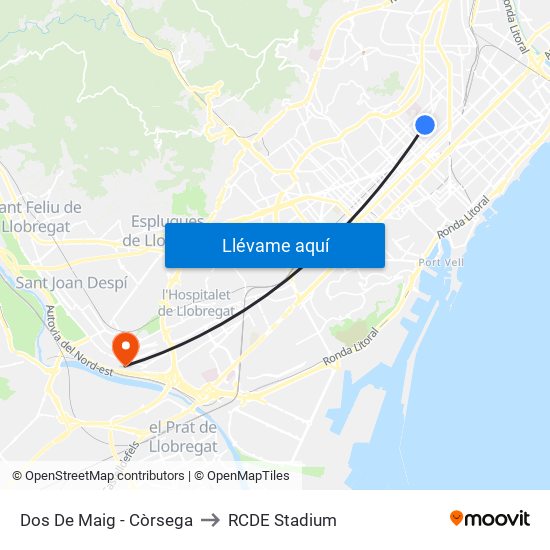 Dos De Maig - Còrsega to RCDE Stadium map