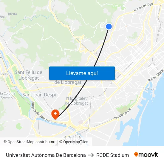 Universitat Autònoma De Barcelona to RCDE Stadium map