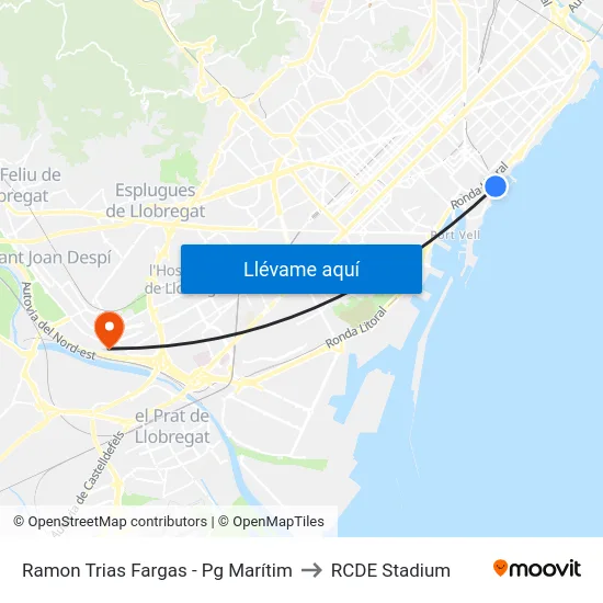 Ramon Trias Fargas - Pg Marítim to RCDE Stadium map
