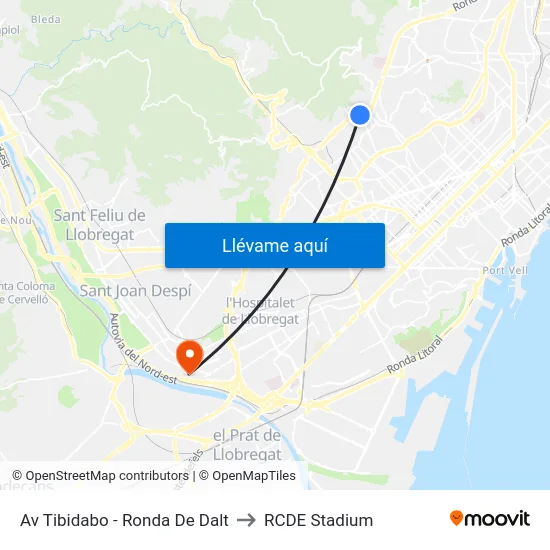 Av Tibidabo - Ronda De Dalt to RCDE Stadium map