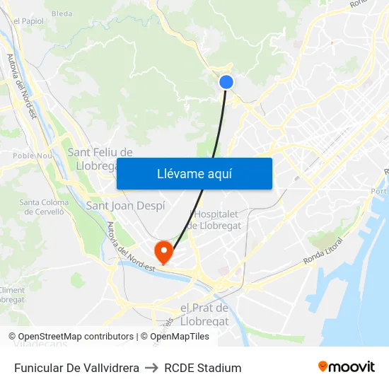 Funicular De Vallvidrera to RCDE Stadium map