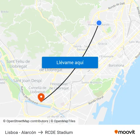 Lisboa - Alarcón to RCDE Stadium map