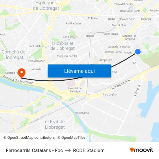 Ferrocarrils Catalans - Foc to RCDE Stadium map