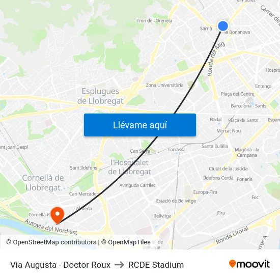 Via Augusta - Doctor Roux to RCDE Stadium map