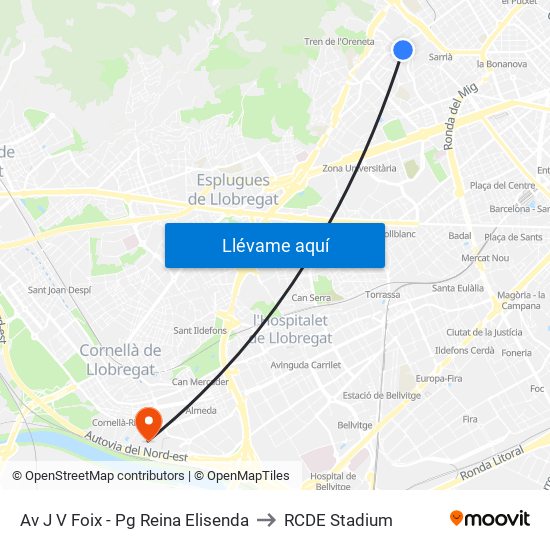 Av J V Foix - Pg Reina Elisenda to RCDE Stadium map