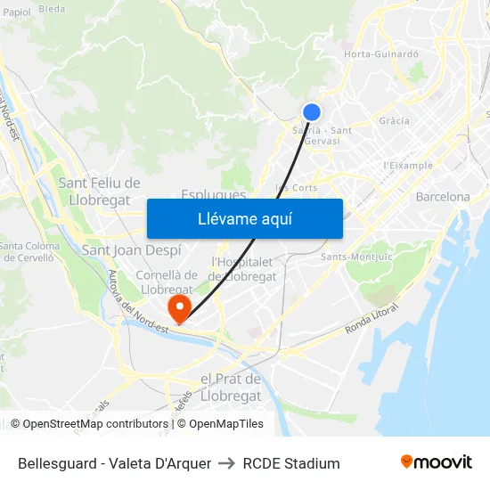 Bellesguard - Valeta D'Arquer to RCDE Stadium map