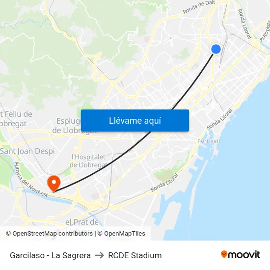 Garcilaso - La Sagrera to RCDE Stadium map