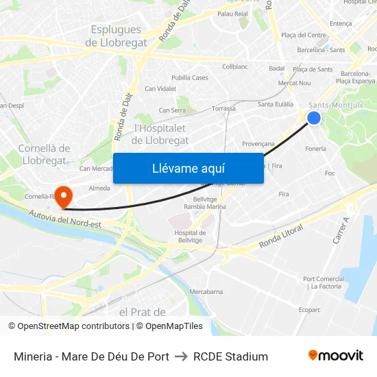 Mineria - Mare De Déu De Port to RCDE Stadium map