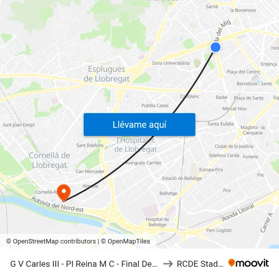 G V Carles III - Pl Reina M C - Final De Trajecte to RCDE Stadium map