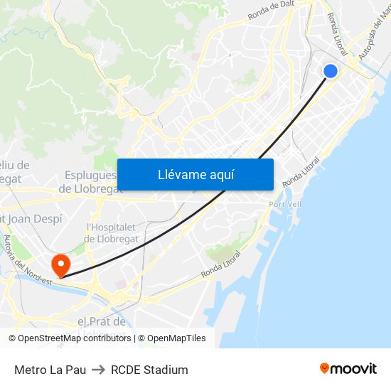 Metro La Pau to RCDE Stadium map