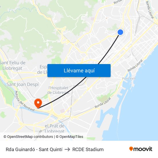 Rda Guinardó - Sant Quintí to RCDE Stadium map