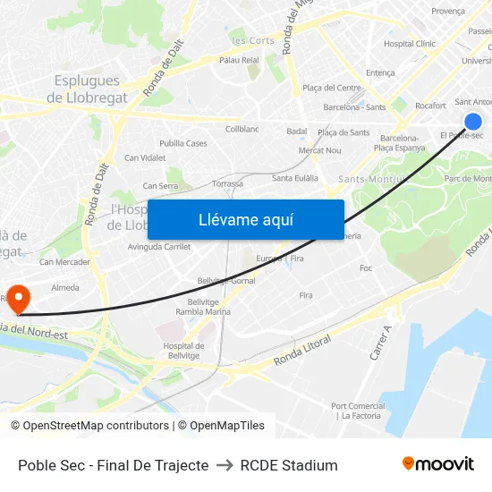 Poble Sec - Final De Trajecte to RCDE Stadium map
