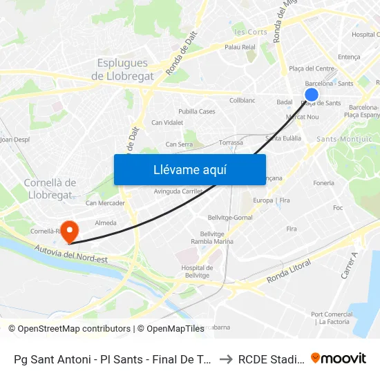Pg Sant Antoni - Pl Sants - Final De Trajecte to RCDE Stadium map