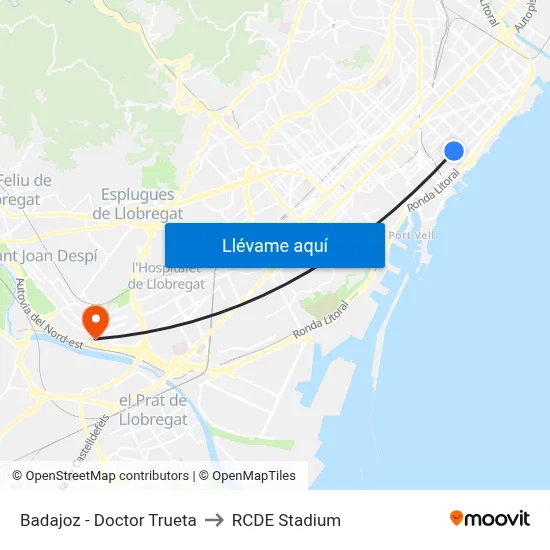 Badajoz - Doctor Trueta to RCDE Stadium map