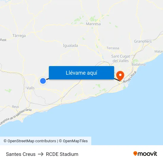 Santes Creus to RCDE Stadium map