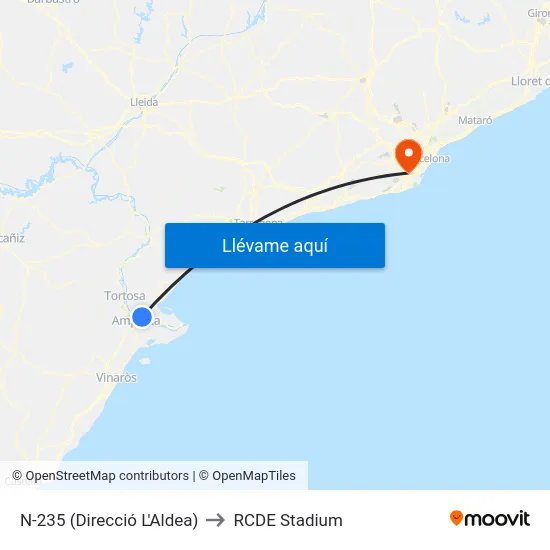 N-235 (Direcció L'Aldea) to RCDE Stadium map