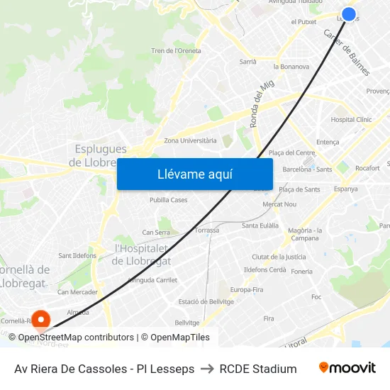 Av Riera De Cassoles - Pl Lesseps to RCDE Stadium map