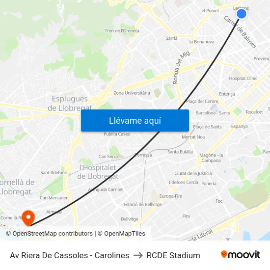 Av Riera De Cassoles - Carolines to RCDE Stadium map
