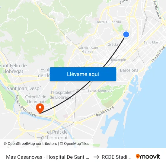 Mas Casanovas - Hospital De Sant Pau to RCDE Stadium map