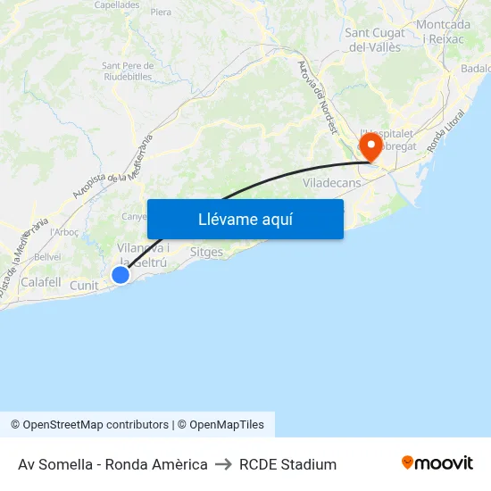 Av Somella - Ronda Amèrica to RCDE Stadium map