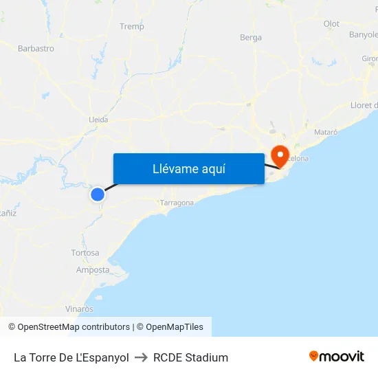 La Torre De L'Espanyol to RCDE Stadium map