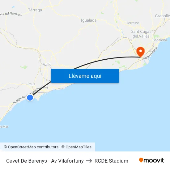 Cavet De Barenys - Av Vilafortuny to RCDE Stadium map