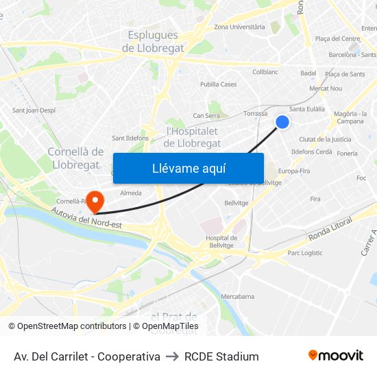 Av. Del Carrilet - Cooperativa to RCDE Stadium map