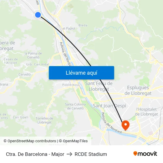 Ctra. De Barcelona - Major to RCDE Stadium map