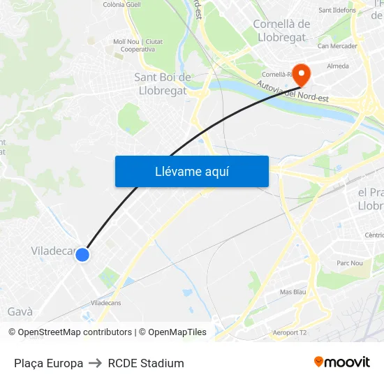 Plaça Europa to RCDE Stadium map