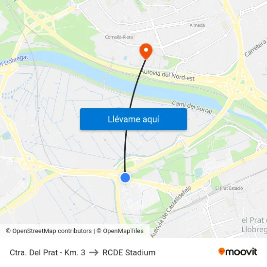 Ctra. Del Prat - Km. 3 to RCDE Stadium map