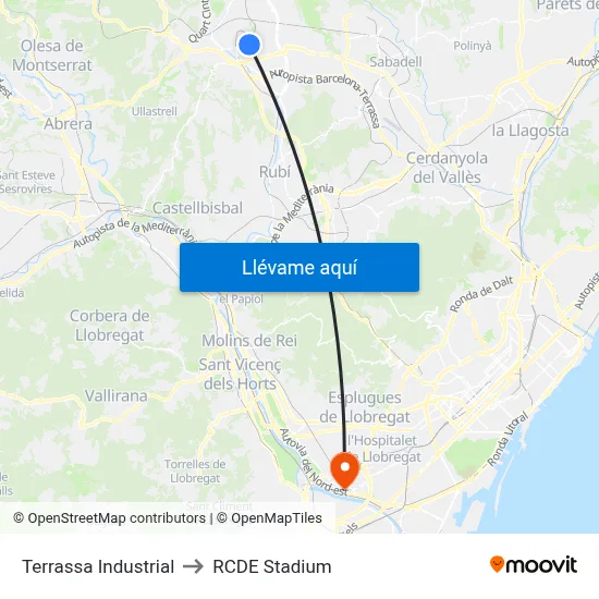 Terrassa Industrial to RCDE Stadium map