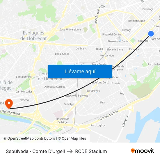 Sepúlveda - Comte D'Urgell to RCDE Stadium map