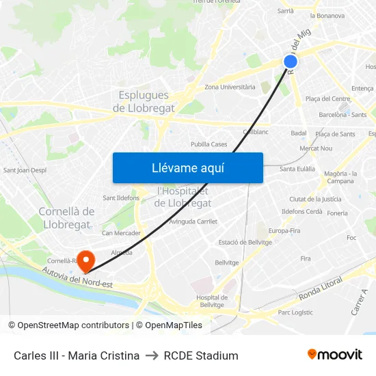 Carles III - Maria Cristina to RCDE Stadium map