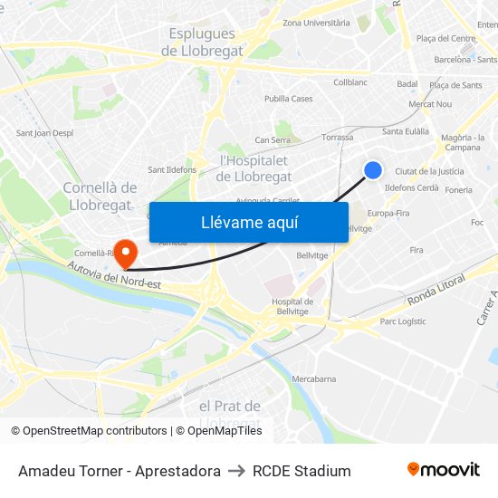 Amadeu Torner - Aprestadora to RCDE Stadium map