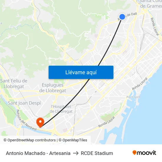 Antonio Machado - Artesania to RCDE Stadium map