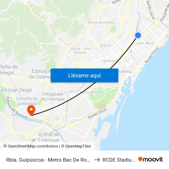 Rbla. Guipúscoa - Metro Bac De Roda to RCDE Stadium map