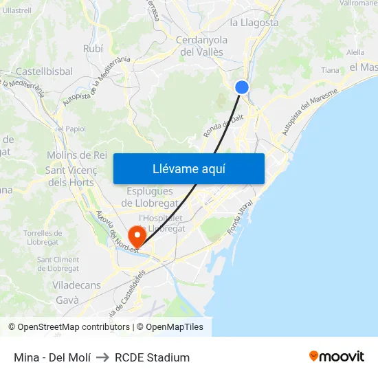 Mina - Del Molí to RCDE Stadium map