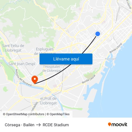 Còrsega - Bailèn to RCDE Stadium map