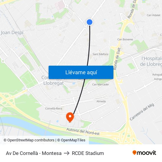 Av De Cornellà - Montesa to RCDE Stadium map