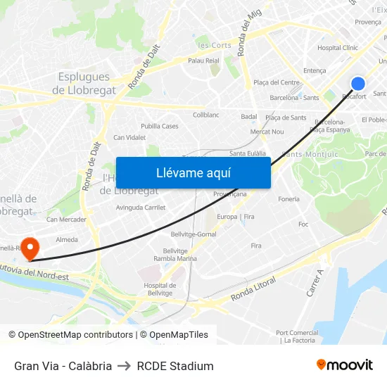 Gran Via - Calàbria to RCDE Stadium map