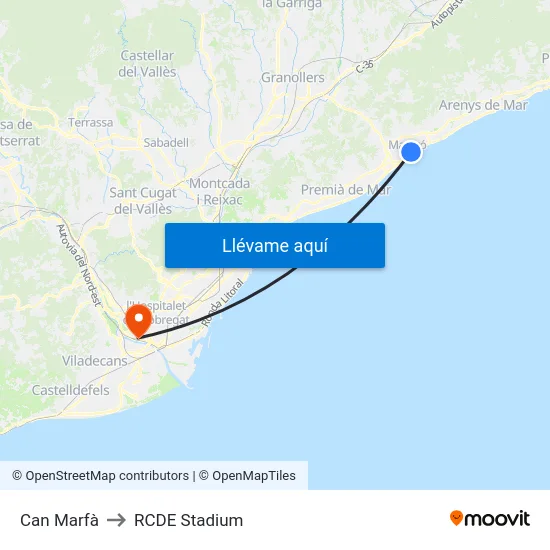Can Marfà to RCDE Stadium map