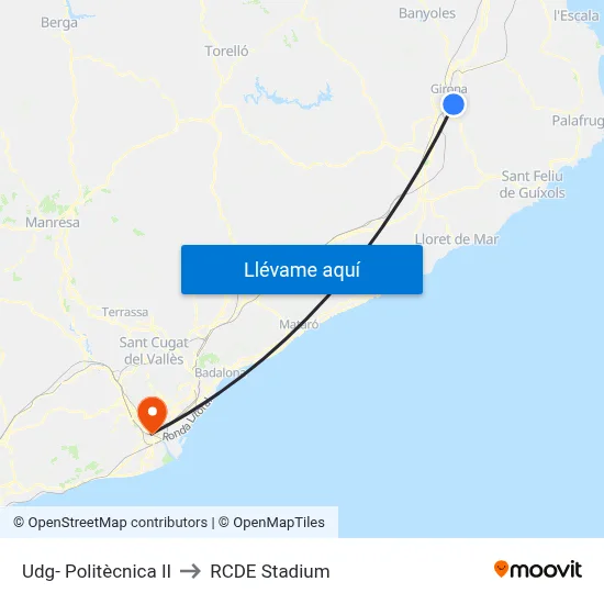Udg- Politècnica II to RCDE Stadium map