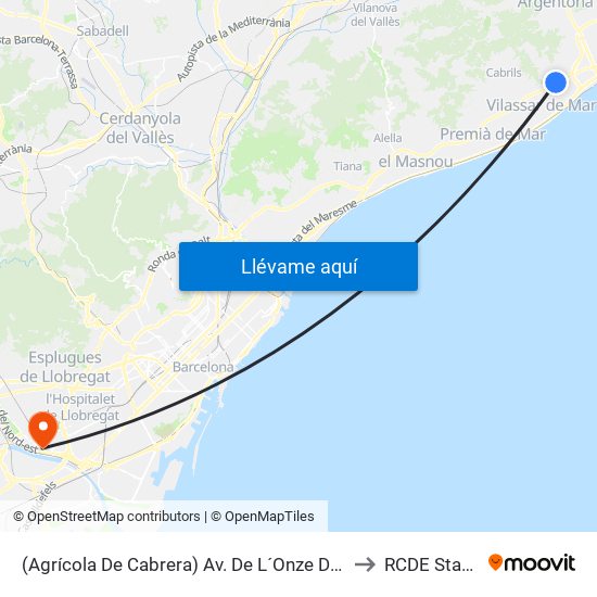 (Agrícola De Cabrera) Av. De L´Onze De Setembre to RCDE Stadium map