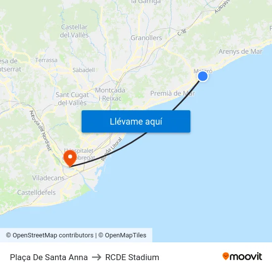 Plaça De Santa Anna to RCDE Stadium map
