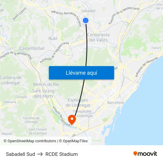 Sabadell Sud to RCDE Stadium map