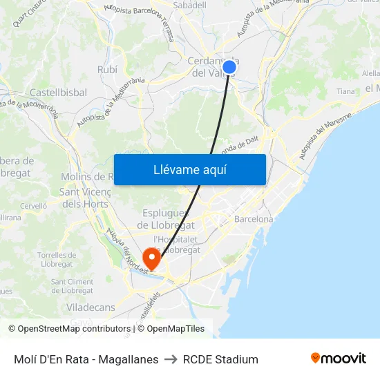 Molí D'En Rata - Magallanes to RCDE Stadium map