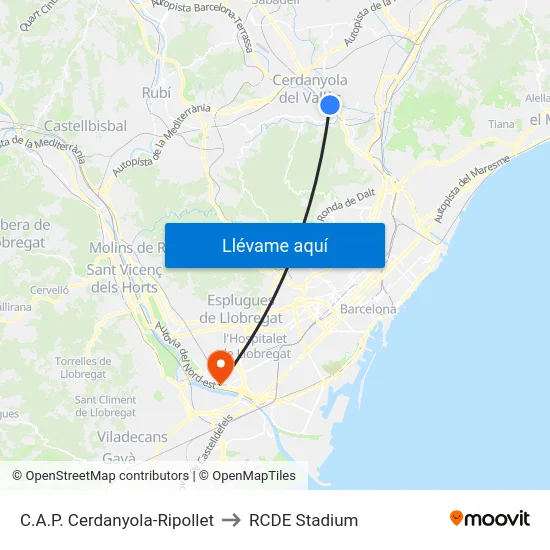 C.A.P. Cerdanyola-Ripollet to RCDE Stadium map