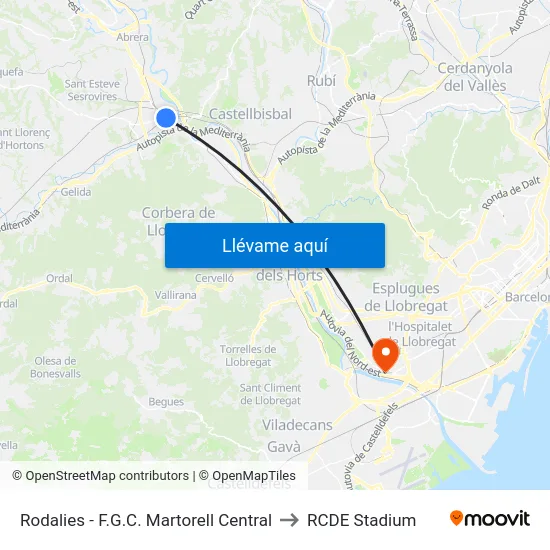 Rodalies - F.G.C. Martorell Central to RCDE Stadium map
