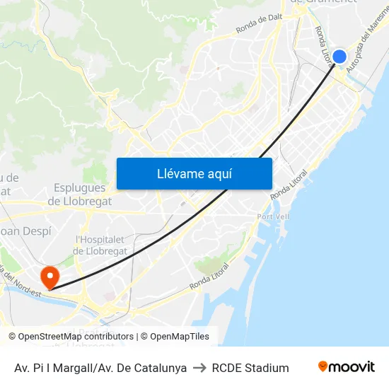 Av. Pi I Margall/Av. De Catalunya to RCDE Stadium map